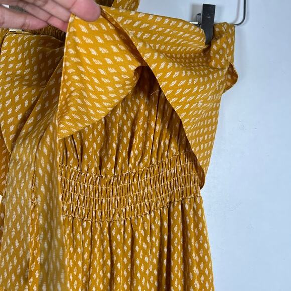 Sandro Paris Halter Tiered Midi Dress S Pom Pom Trim Marigold Block Print - Picture 5 of 8